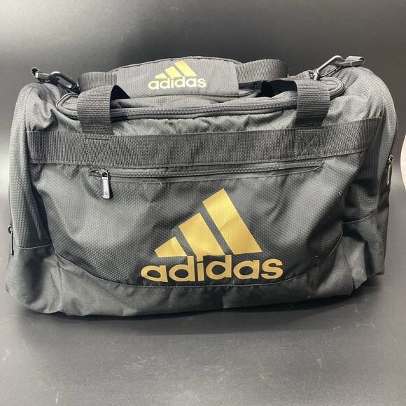 Adidas Defender Duffle Bag Gym Athletic Workout Black/Gold 21x11x11 Medium Size - Picture 1 of 11